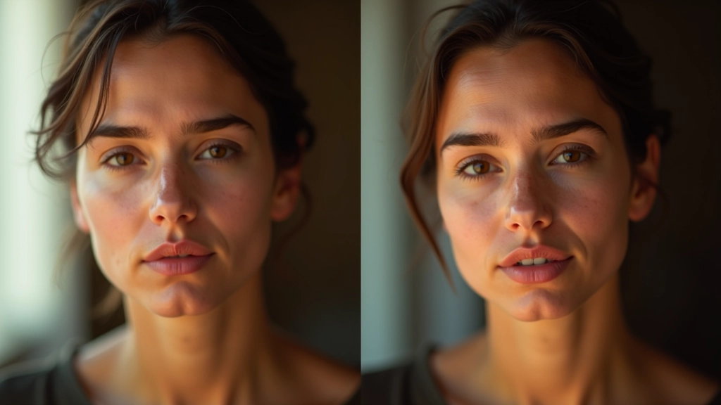 Antes e depois de correção de tom de pele profissional em vídeo, mostrando ajustes precisos de cor