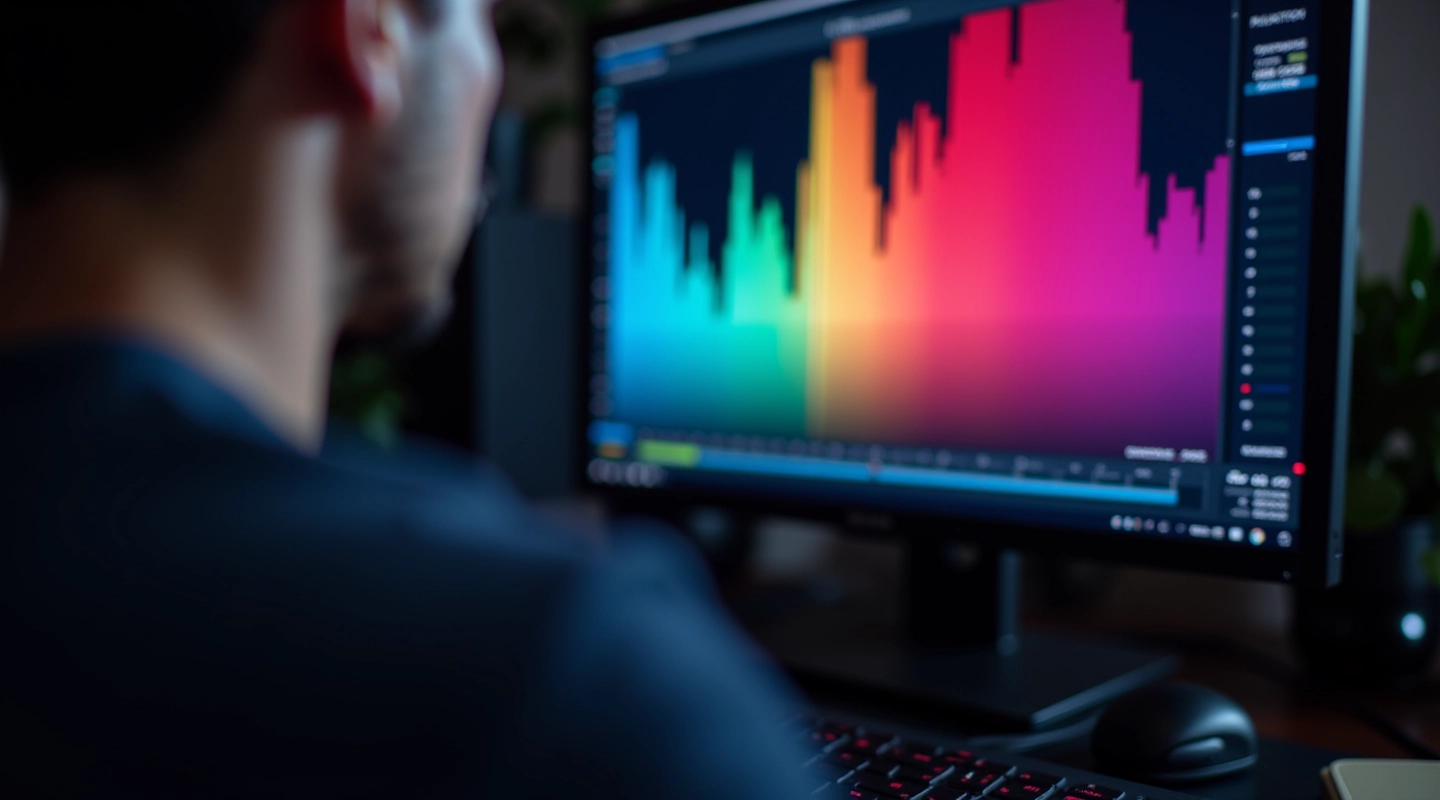 Monitor profissional exibindo uma cena colorida com ajustes de cor em tempo real