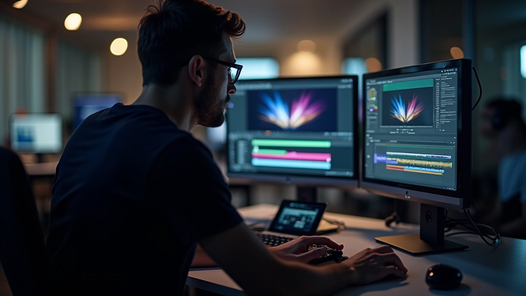 Designer profissional trabalhando com software de motion graphics, ajustando paleta de cores num monitor com múltiplas camadas de animação