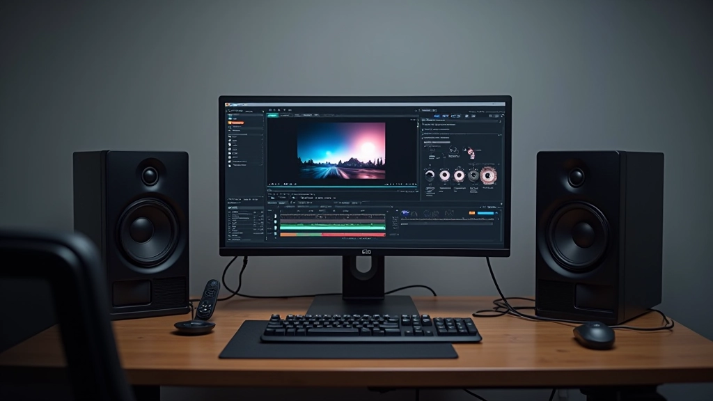 Estúdio de pós-produção profissional com monitor calibrado, computador e painel de controle para correção de cores