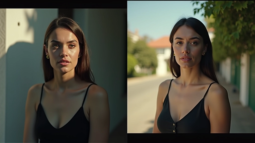 Comparação lado a lado mostrando sombras, meios-tons e altas luzes em uma cena de vídeo com ajustes aplicados