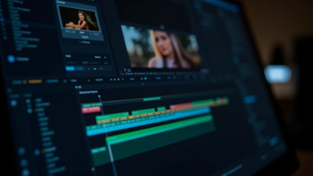 Timeline de edição mostrando clipes organizados com notas de cor e marcadores para diferentes cenas